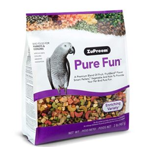 zupreem pure fun bird food for parrots & conures, 2 lb (pack of 2) - blend of fruit, fruitblend pellets, vegetables, nuts for caiques, african greys, senegals, amazons, eclectus, cockatoos