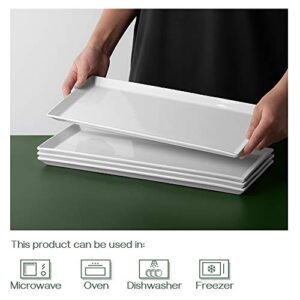 DOWAN 14.5" Rectangular Plates Set of 4 - Long Serving Trays for Sushi, Pasta, Chips, Appetizer, Cake - White Ceramic Rectangle Platter for Party, Restaurant, Banquet - Dishwasher & Oven Safe