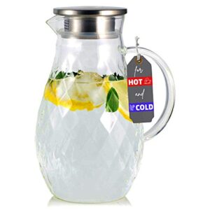 borosilicate glass pitcher with lid and spout - 68 ounces cold and hot water carafe with unique diamond pattern, beverage pitcher for homemade iced tea and juice.