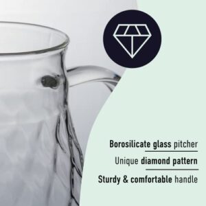 Borosilicate Glass Pitcher with Lid and Spout - 68 Ounces Cold and Hot Water Carafe with Unique Diamond Pattern, Beverage Pitcher for Homemade Iced Tea and Juice.