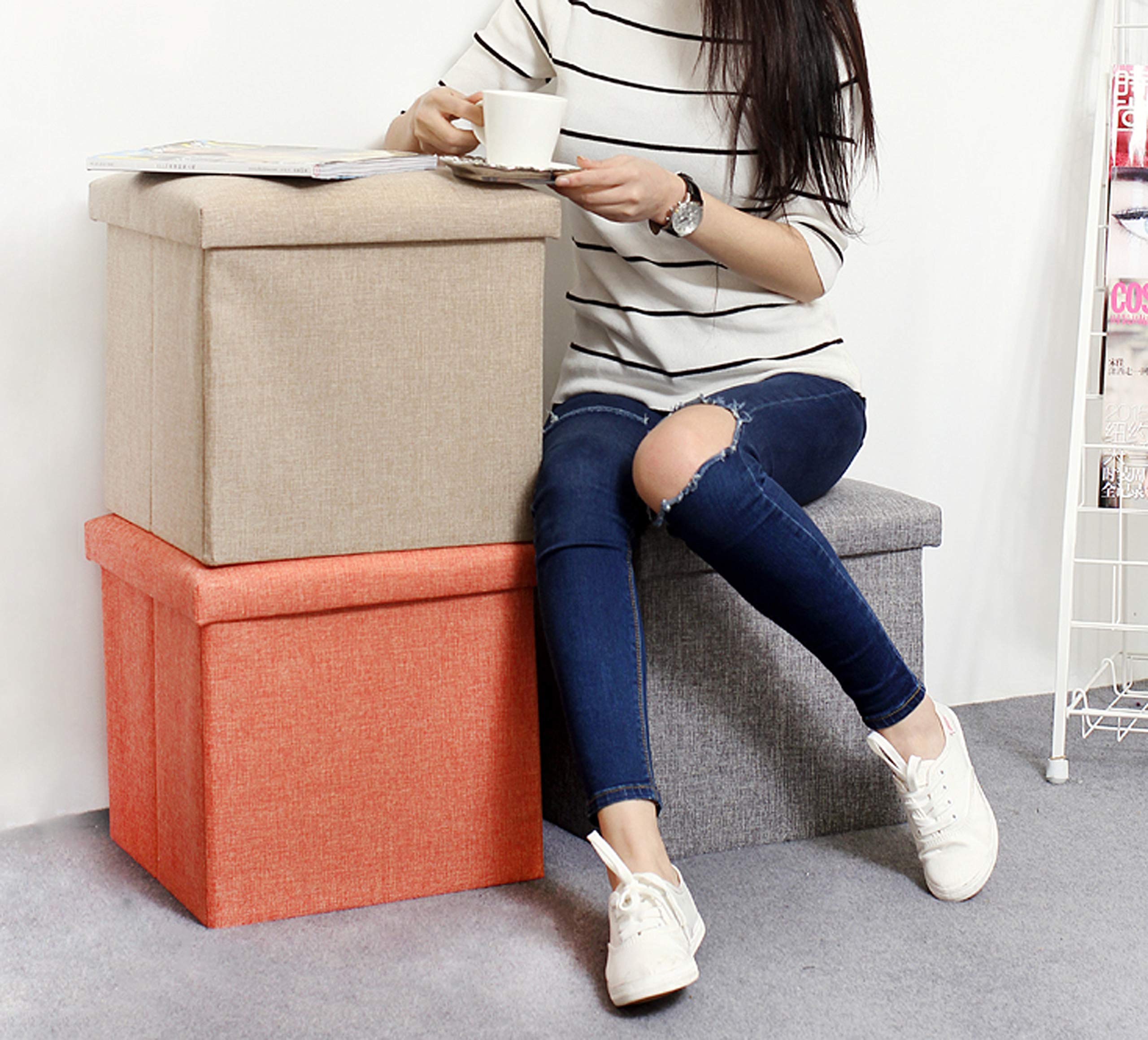 NISUNS OT01 Linen Folding Storage Ottoman Cube Footrest Seat, 12 X 12 X 12 Inches (Linen Gray)