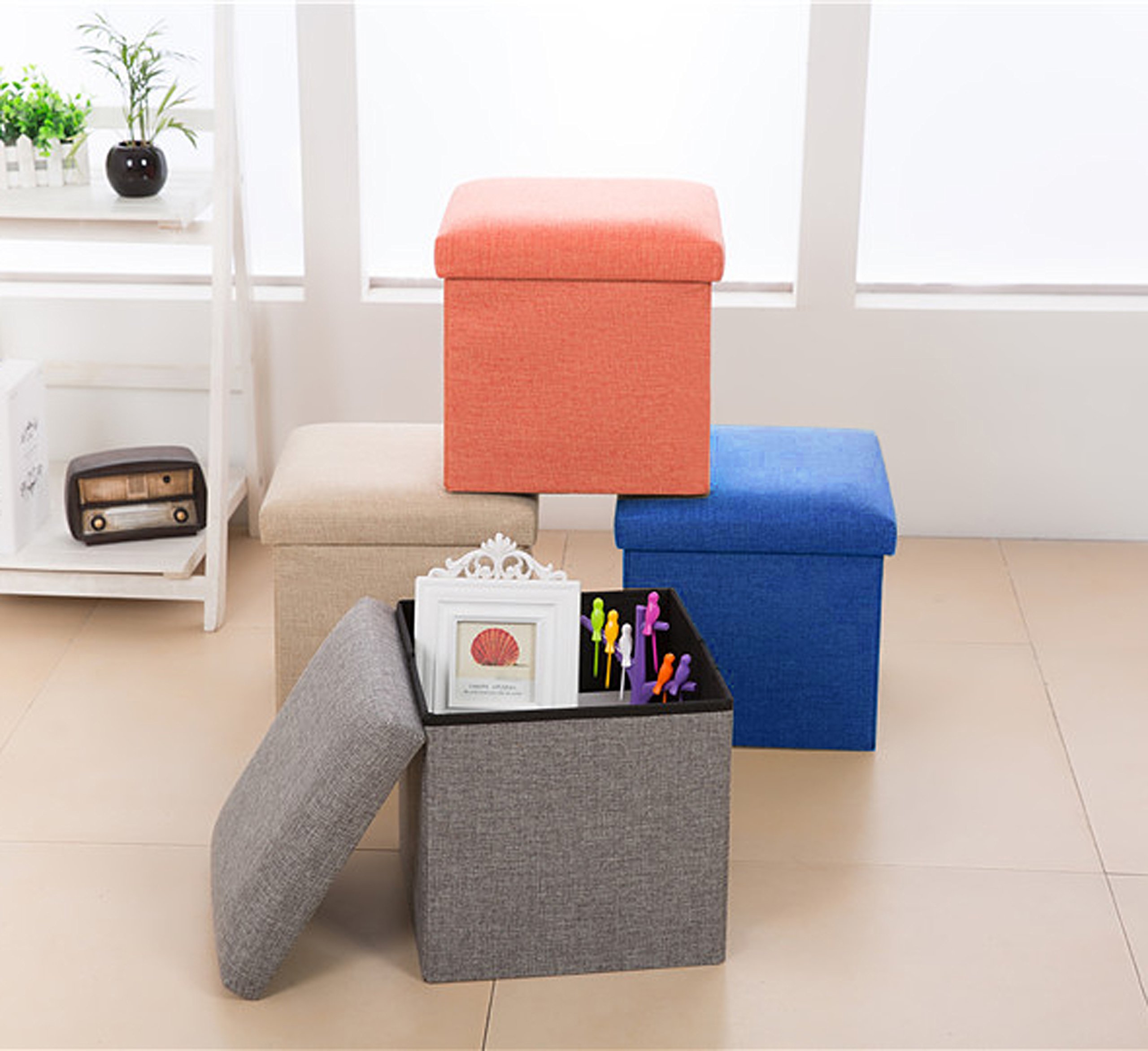 NISUNS OT01 Linen Folding Storage Ottoman Cube Footrest Seat, 12 X 12 X 12 Inches (Linen Gray)