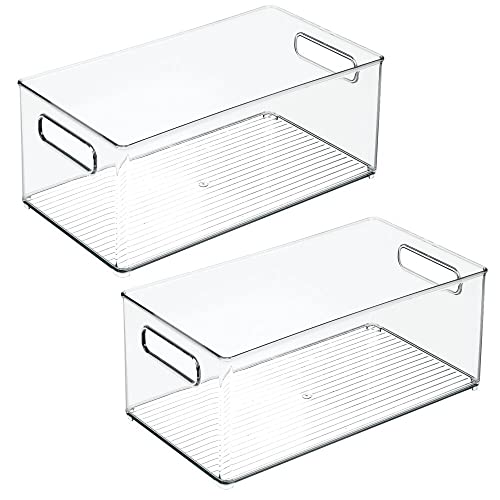 mDesign Deep Plastic Storage Organizer Container Bin, Game and Comic Organization for Cabinet, Cupboard, Playroom, Shelves, Closet - Holds Video Games, Tablets, DVDs, Ligne Collection, 2 Pack, Clear