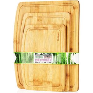 organic bamboo cutting boards for kitchen set of 3 - eco-friendly 100% natural bamboo wooden chopping board with juice groove for food prep, meat, vegetables, fruits, crackers & cheese - by clasier