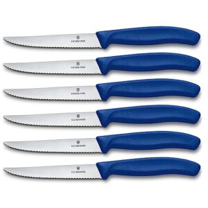 victorinox 6.7232.6 swiss classic steak knife set ideal for slicing a wide variety of steak cuts wavy edge blade in blue, set of 6