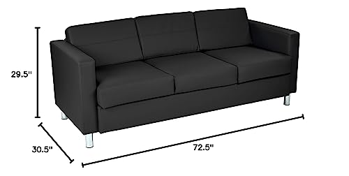 Office Star Pacific Sofa with Padded Box Spring Seats and Silver Finish Legs, Dillon Black Faux Leather