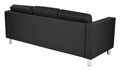 Office Star Pacific Sofa with Padded Box Spring Seats and Silver Finish Legs, Dillon Black Faux Leather