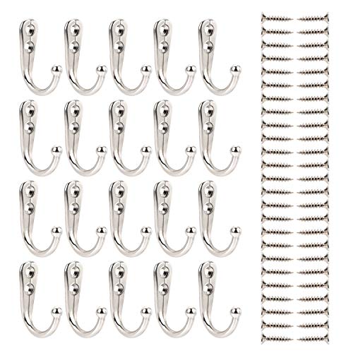 eBoot 20 Pieces Wall Mounted Hook Robe Hooks Single Coat Hanger and 50 Pieces Screws (Silver)