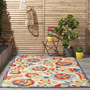 nourison aloha indoor/outdoor multicolor 5'3" x 7'5" area rug, tropical, botanical, easy -cleaning, non shedding, bed room, living room, dining room, deck, backyard, patio (5x7)