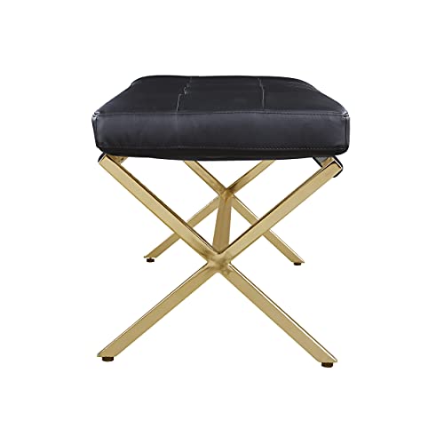 Iconic Home Claudio PU Leather Modern Contemporary Tufted Seating Goldtone Metal Leg Bench, Black