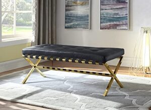 iconic home claudio pu leather modern contemporary tufted seating goldtone metal leg bench, black