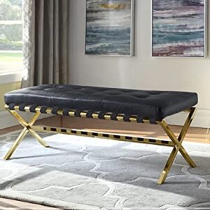 Iconic Home Claudio PU Leather Modern Contemporary Tufted Seating Goldtone Metal Leg Bench, Black