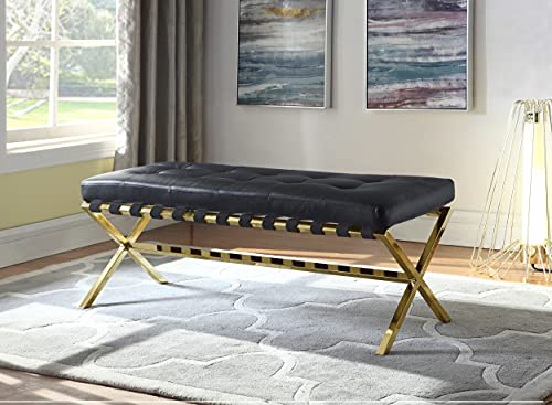 Iconic Home Claudio PU Leather Modern Contemporary Tufted Seating Goldtone Metal Leg Bench, Black