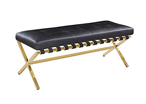 Iconic Home Claudio PU Leather Modern Contemporary Tufted Seating Goldtone Metal Leg Bench, Black