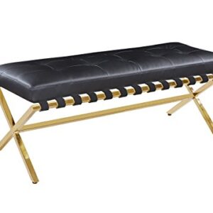 Iconic Home Claudio PU Leather Modern Contemporary Tufted Seating Goldtone Metal Leg Bench, Black