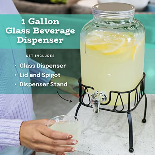 Estilo Glass Drink Dispenser w/Stand for Parties - 1 Gallon Glass Jar Beverage Dispenser w/Stand - Glass Water Dispenser Countertop for Weddings, Sun Tea Jar, Laundry Detergent & Lemonade Dispenser