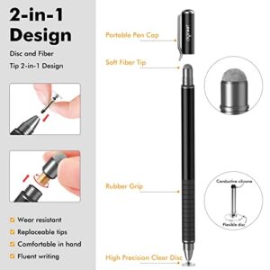 Digiroot Universal Stylus,[2-in-1] Disc Stylus Pen Touch Screen Pens for All Touch Screens Cell Phones, iPad, Tablets, Laptops with 6 Replacement Tips(4 Discs, 2 Fiber Tips Included) - (Black)