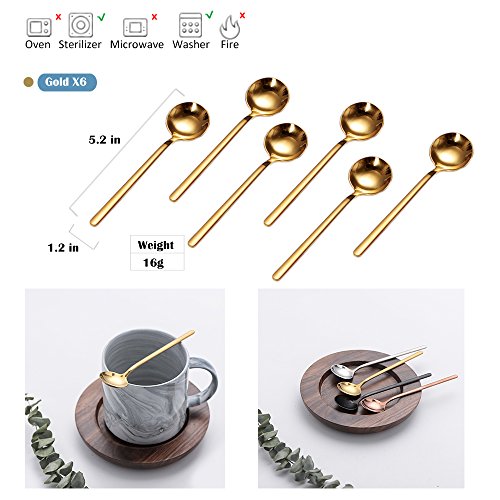 6 PCS Espresso Spoons 18/8 Stainless Steel, 5.2 Inches Vogue Mini Teaspoons Set for Stirring Coffee, Dessert Cake, Ice Cream, Soup, Antipasto Cappuccino, Frosted Handle, Sweejar (Gold)