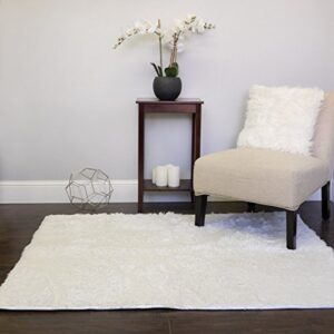 faux fur area rug decorative 4' x 5' ultra soft and luxurious cruelty free eco friendly shag non skid premium floor cover for living room, dining room, bedroom, and more!, white