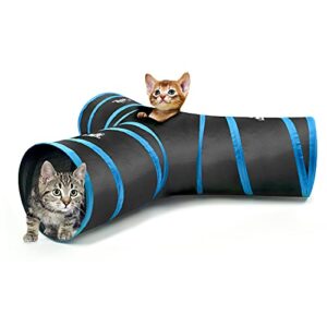 pawaboo cat toys, cat tunnel tube 3-way tunnels 25x40cm extensible collapsible cat play tent interactive toy maze cat house bed with balls and bells for cat kitten kitty rabbit small animal, blue