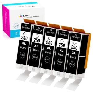 k-ink compatible ink cartridges replacement for canon pgi 250 pgi-250 xl black (5 big black)