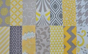designer fabric 5" squares charm pack, yellow and gray, 56 pieces, 100% cotton