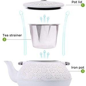Sotya Cast Iron Teapot, 40oz/1200ml Japanese Tetsubin Tea Pot with Infuser for Loose Leaf and Tea Bags, Tea Kettle Coated with Enameled Interior for Stove Top, White