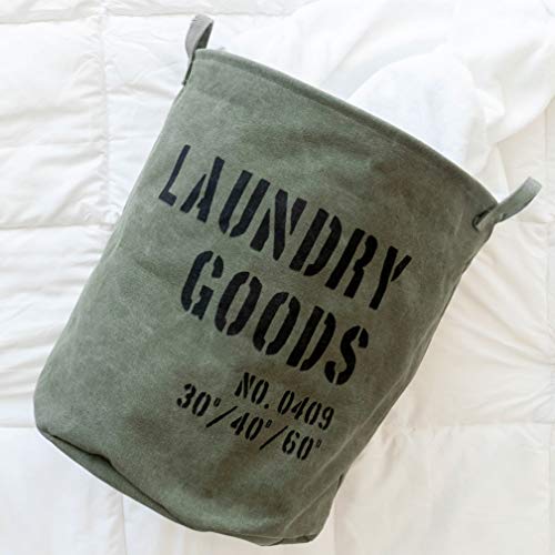 Danya B. LY952 Decorative Collapsible Portable Fabric Laundry Basket - Foldable Canvas Clothes Hamper with Handles - Khaki Green