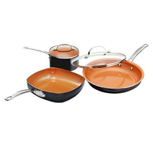 gotham steel 5 piece essentials cookware, pots and pan set with triple coated nonstick ceramic copper surface & aluminum composition for even heating 100% non-toxic, oven, stovetop & dishwasher safe