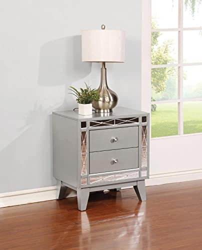 Coaster Furniture Leighton Modern Glam 2 Drawer Nightstand Bedroom Bedside Table Storage Drawers Mirrored Frame Metallic Mercury Silver 204922