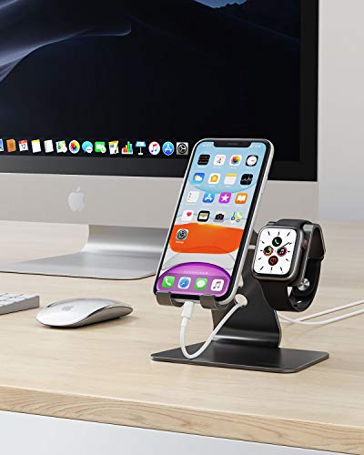 OMOTON Stand for Apple Watch - 2 in 1 Universal Desktop Stand Holder for iPhone 14 13 12 11 All Series and Apple Watch Series 8/SE2/7/6/SE/5/4/3/2 (Both 38mm/40mm/41mm/42mm/44mm/45mm) (Black)