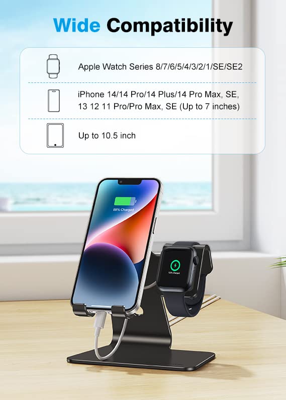 OMOTON Stand for Apple Watch - 2 in 1 Universal Desktop Stand Holder for iPhone 14 13 12 11 All Series and Apple Watch Series 8/SE2/7/6/SE/5/4/3/2 (Both 38mm/40mm/41mm/42mm/44mm/45mm) (Black)