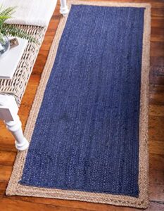 unique loom braided jute collection classic quality made natural hand woven with solid color detail, area rug, runner 2' 6" x 6' 0", navy blue/tan