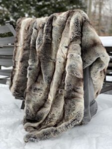 eikei luxury faux fur throw blanket super soft oversized thick warm afghan reversible to plush velvet in tan grey wolf, cream mink or blush chinchilla, machine washable (chinchilla, 60wx70l)