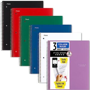 five star spiral notebooks  + study app, 6 pack, 3-subject, college ruled paper, fights ink bleed, water resistant cover, 8-1/2" x 11", 150 sheets, colors will vary (73930)