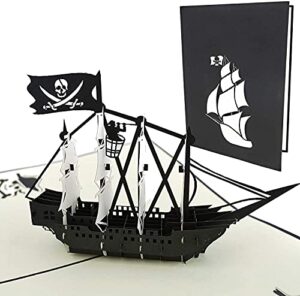 poplife black pirate ship pop up card for all occasions - happy birthday, graduation, congratulations, retirement, anniversary, fathers day - treasure hunters, ocean lovers - folds flat for mailing