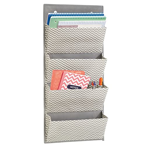 mDesign Soft Fabric Wall Mount/Over Door Hanging Storage Organizer - 4 Large Cascading Pockets - Holds Office Supplies, Planners, File Folders, Notebooks - Chevron Zig-Zag, 2 Pack - Taupe/Natural