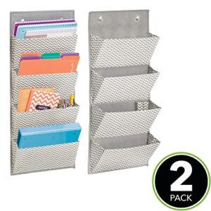 mDesign Soft Fabric Wall Mount/Over Door Hanging Storage Organizer - 4 Large Cascading Pockets - Holds Office Supplies, Planners, File Folders, Notebooks - Chevron Zig-Zag, 2 Pack - Taupe/Natural