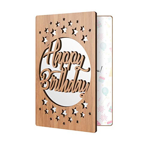 Happy Birthday Card by HeartSpace, Birthday Stars Design: Premium Wooden Greeting Cards Handmade From Sustainable Real Bamboo Wood