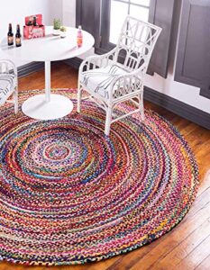 unique loom braided chindi collection area rug - layer (3' 3" round, multi/ blue)