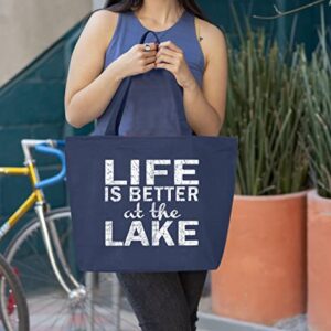 shop4ever® Life is Better at the Lake Heavy Canvas Tote with Zipper Sayings Reusable Shopping Bag 12 oz Navy -Pack of 1- Zip