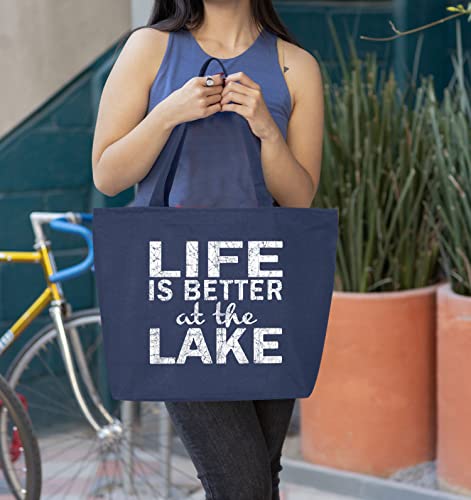 shop4ever® Life is Better at the Lake Heavy Canvas Tote with Zipper Sayings Reusable Shopping Bag 12 oz Navy -Pack of 1- Zip
