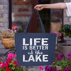 shop4ever® Life is Better at the Lake Heavy Canvas Tote with Zipper Sayings Reusable Shopping Bag 12 oz Navy -Pack of 1- Zip