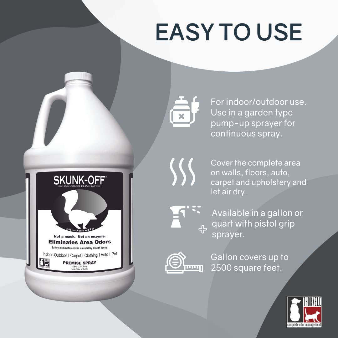 Skunk Off Skunk Odor Eliminator Premise Spray – Ready-to-Use Skunk Odor Remover for House, Outdoors, Cars, Laundry, & More – Skunk Spray w/Safe, Non-Enzymatic Formula (1 Gallon)