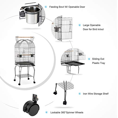 IKAYAA Large Bird Cage, Bird Cage for Parakeets, Cockatiel Cage, Parrot Cage, Medium Dome Open Top Bird Cage for Parrots, with Stainless Steel Bowl & Lockable Wheels