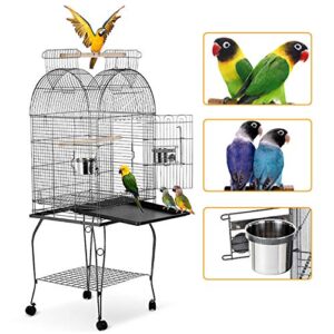 IKAYAA Large Bird Cage, Bird Cage for Parakeets, Cockatiel Cage, Parrot Cage, Medium Dome Open Top Bird Cage for Parrots, with Stainless Steel Bowl & Lockable Wheels