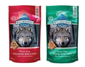 wilderness blue buffalo trail treats grain-free dog biscuits 2 flavor variety bundle: (1) duck, and (1) salmon, 10 ounces