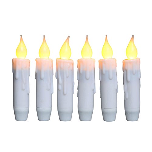 CVHOMEDECO. Flickering Taper Candles LED Drip Flameless Candles, Battery Operated with Timer, White, 4-3/4 Inch, Set of 6