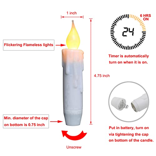 CVHOMEDECO. Flickering Taper Candles LED Drip Flameless Candles, Battery Operated with Timer, White, 4-3/4 Inch, Set of 6