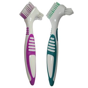 gus craft 2-pack denture cleaning brush set- premium hygiene denture cleaner set for denture care- top denture cleanser tool w/multi-layered bristles & ergonomic rubber handle (green and purple)